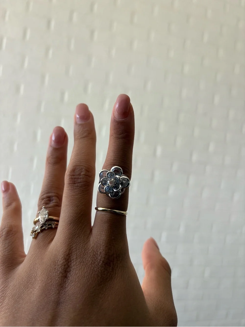 Silver Flower Cluster Ring with Clear Crystals