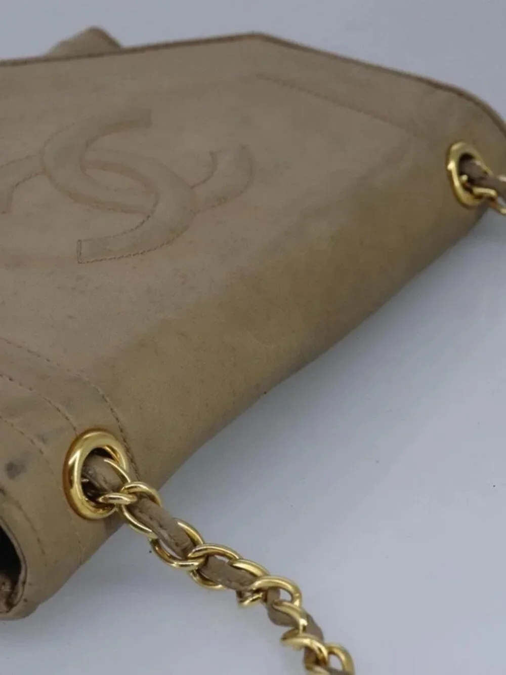 CHANEL Chain Shoulder Bag Lamb Skin Beige Gold CC Auth bs19652