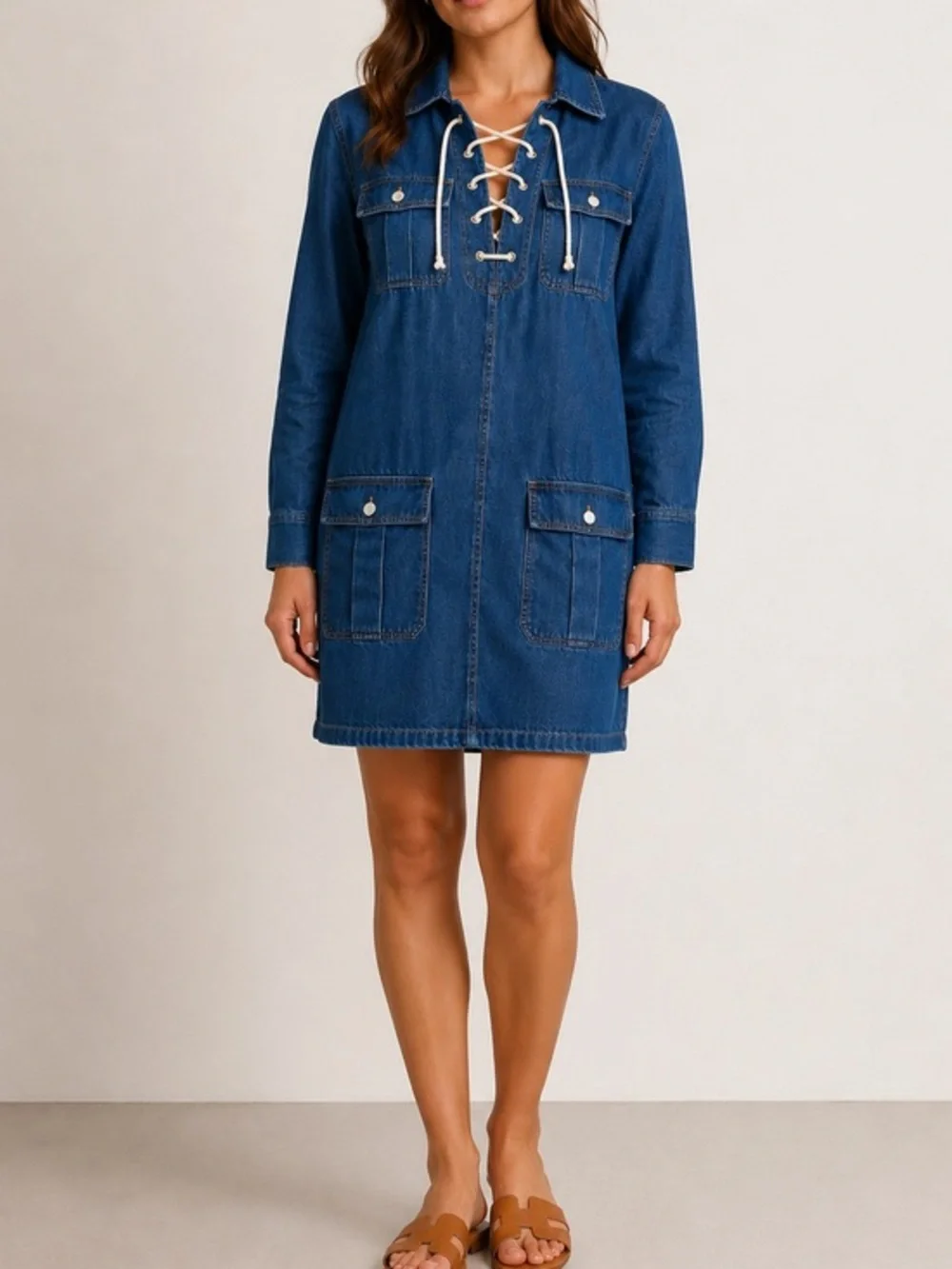 J.Crew Harbor Indigo Denim Lace-Up Front Casual Utility Pockets 90s Mini Dress
