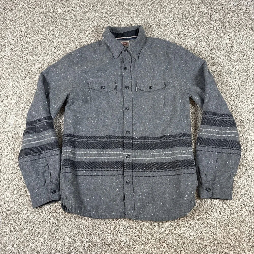 Levis Shirt Jacket Mens Large Gray Wool Blend Lined Western‎ Stripe Shacket