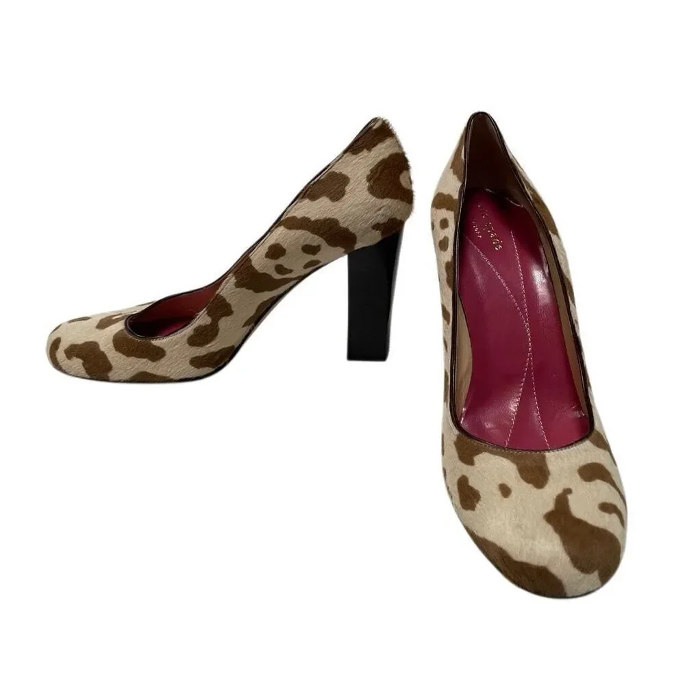 Kate Spade NY Cow Print Block Heel Pump‎ Women’s 9 Calf Hair Italy Tan Brown