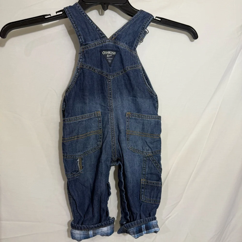 OshKosh B'gosh Blue Denim Overalls, Plaid Flannel Lined Size 9 Mo ADORABLE