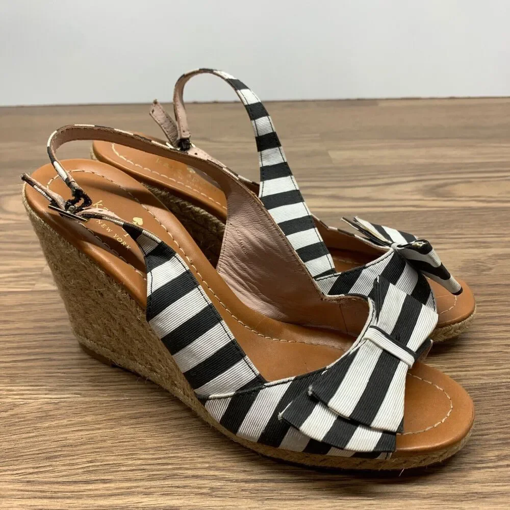 Kate‎ Spade Sandals 8.5 Black White Boardwalk Espadrille Slingback Stripes Wedge