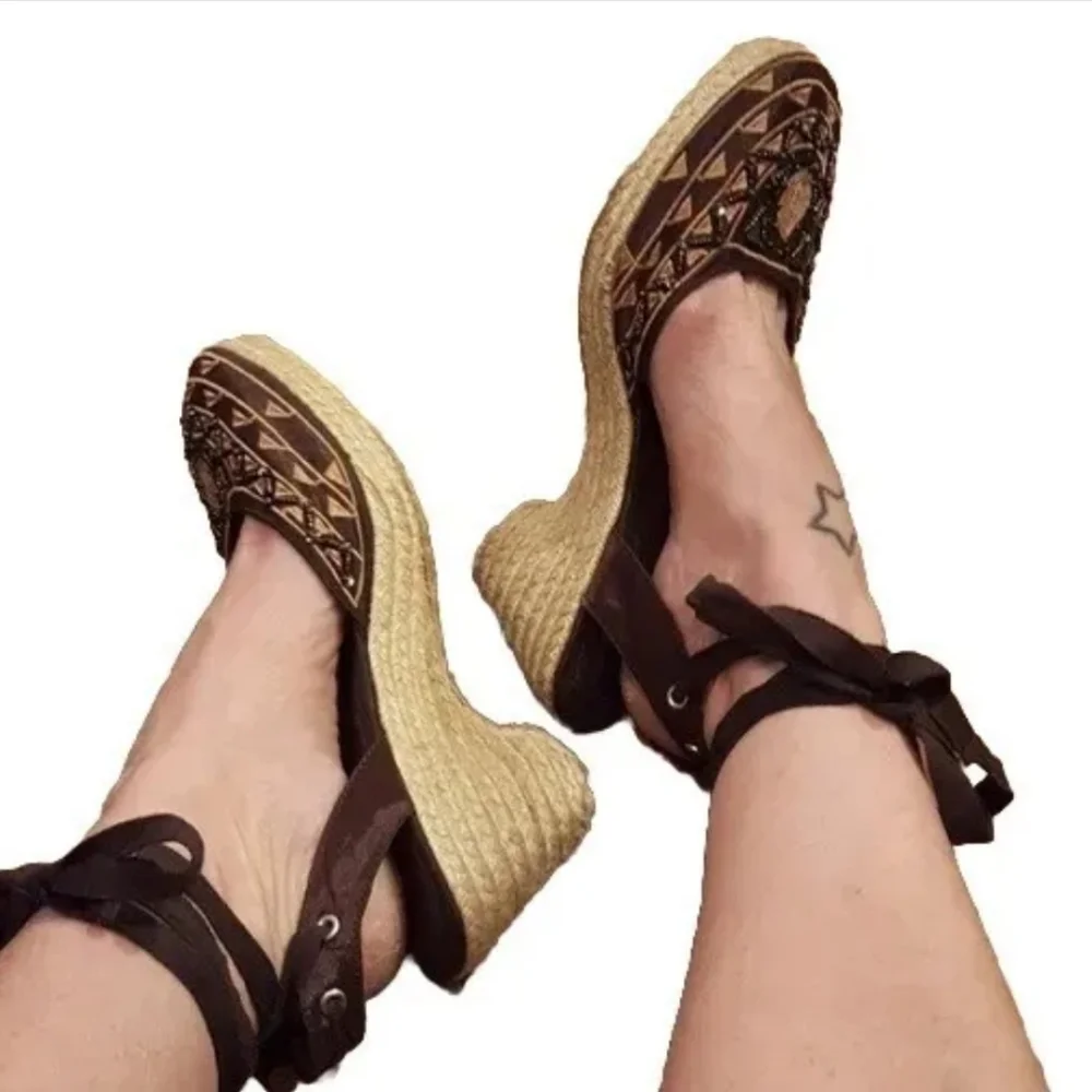Y2K Beartraps Brown Beaded Satin Ankle‎ Straps Macrame Wedges