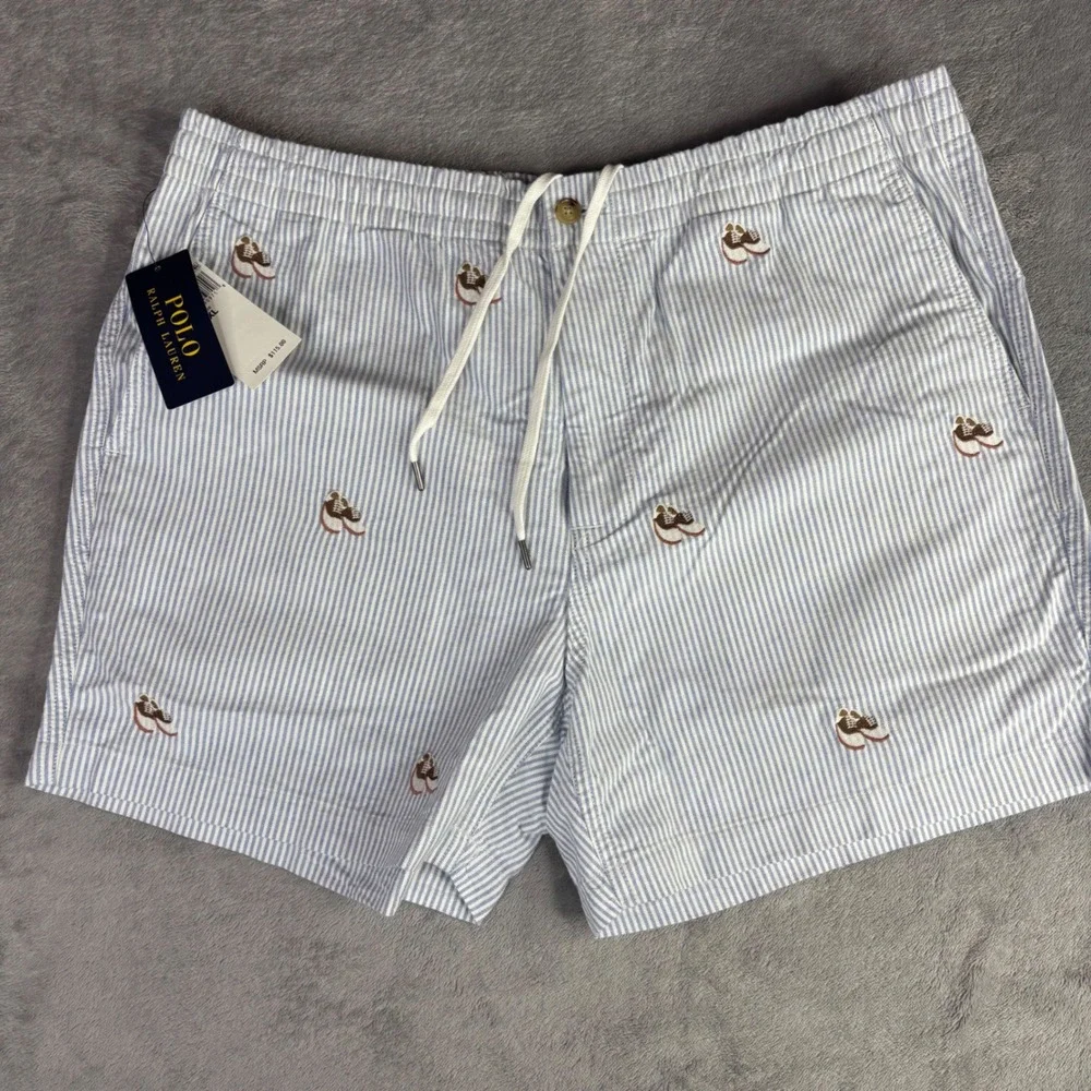 Polo Ralph Lauren Shorts Men XL Blue Seersucker Striped Saddle Shoe Embroidered