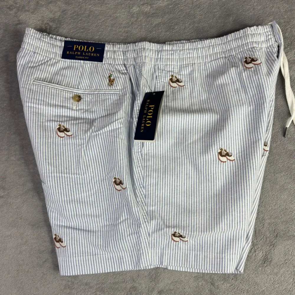 Polo Ralph Lauren Shorts Men XL Blue Seersucker Striped Saddle Shoe Embroidered