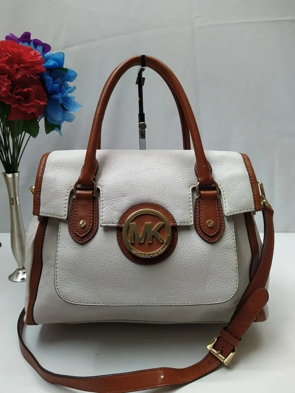 Michael Kors Margo White Pebbled Leather Logo Double Handles Satchel Bag