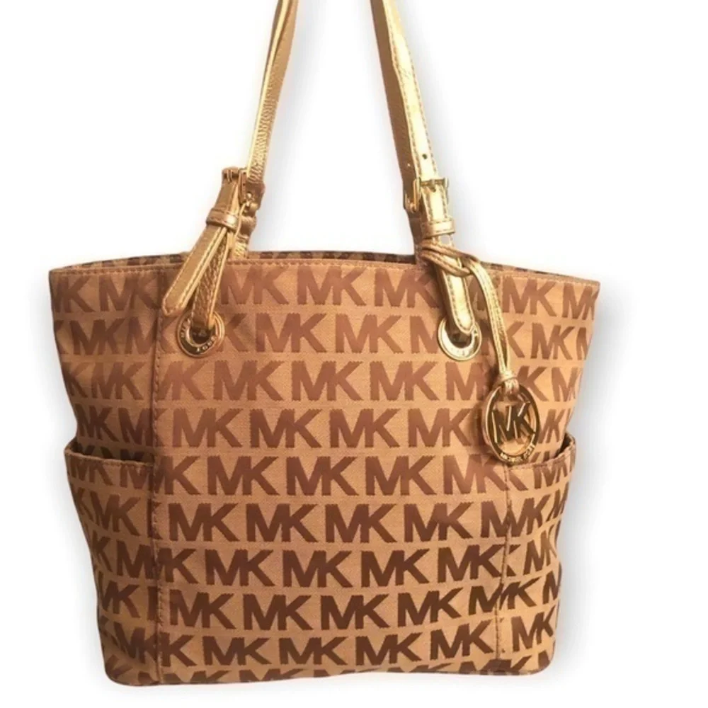 Michael kors signature brown khaki tote bag gold straps