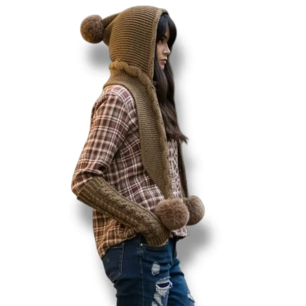 Brown Knitted Hooded Scarf Faux Fur Pom Pom Winter Beanie Scoodie NWT