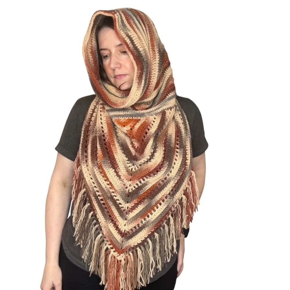 Handcrafted Crochet Hooded Cowl Scarf With Fringe New Handmade by Seller Knit