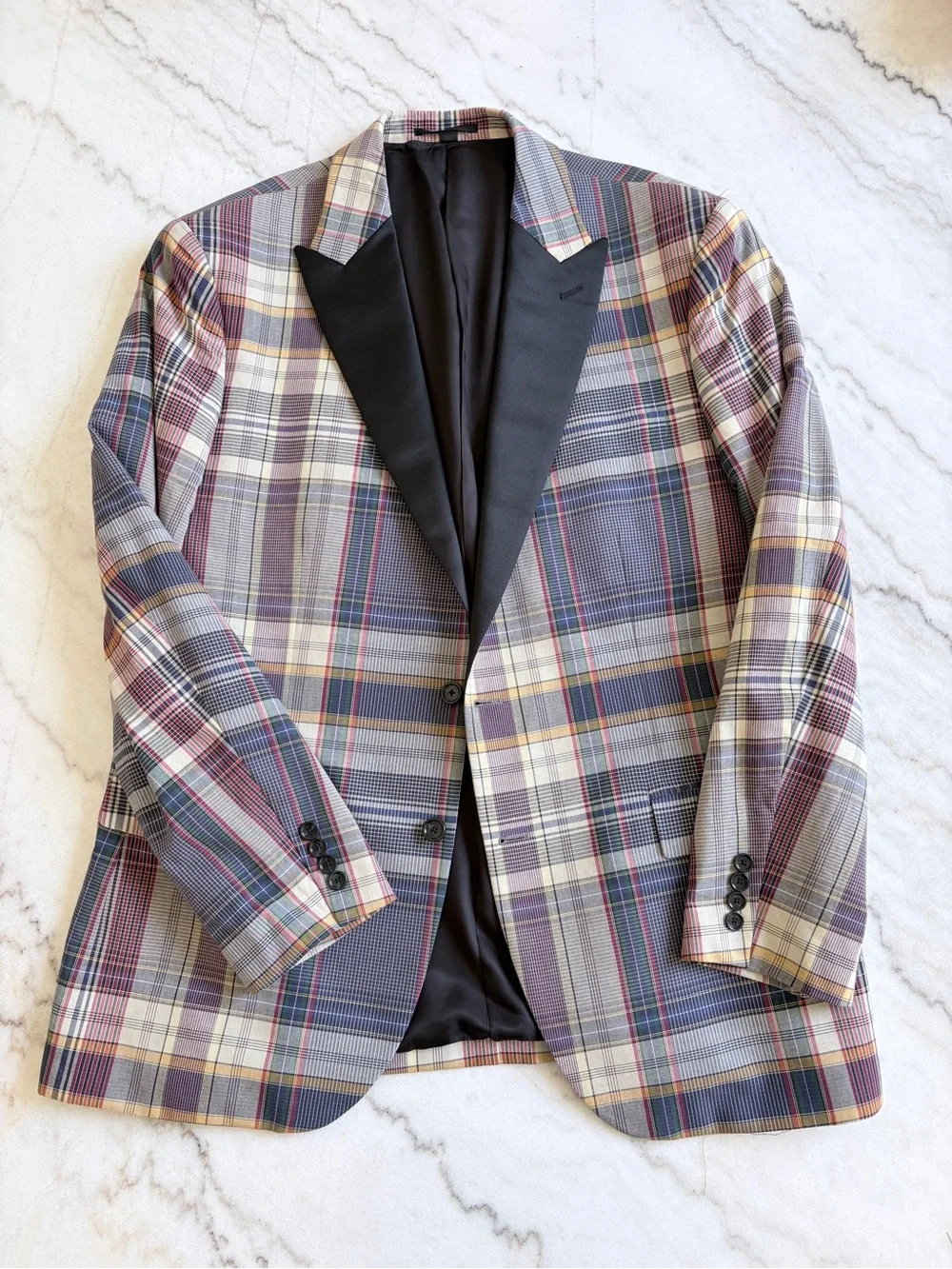 J. Crew Ludlow Multicolor Plaid Blazer with Black Satin Lapel