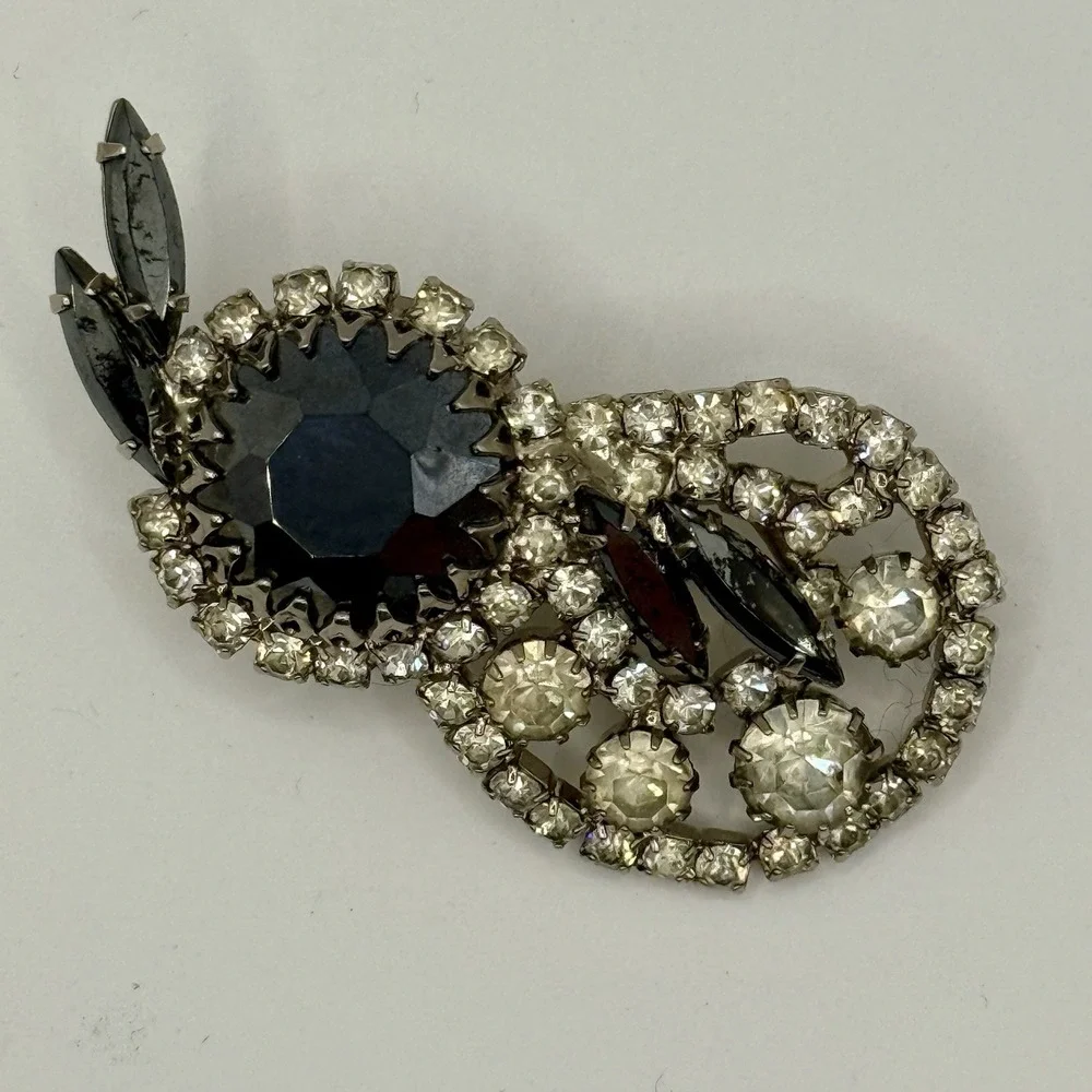 Vintage Black Rhinestone Brooch Silver Tone Clear Crystals Mid Century
