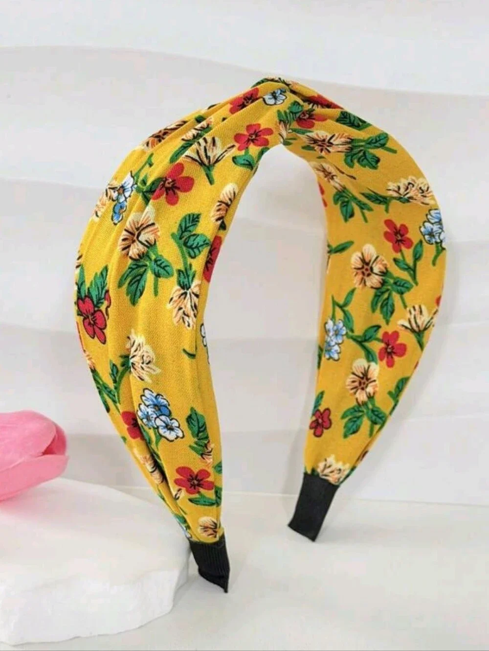 Floral Twist Wide Headband - Yellow