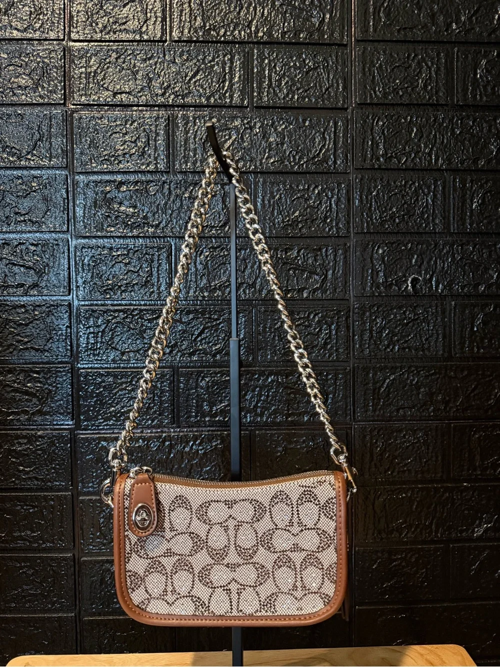 Coach Monogram Shoulder Bag in Beige and Brown with Chain Strap
