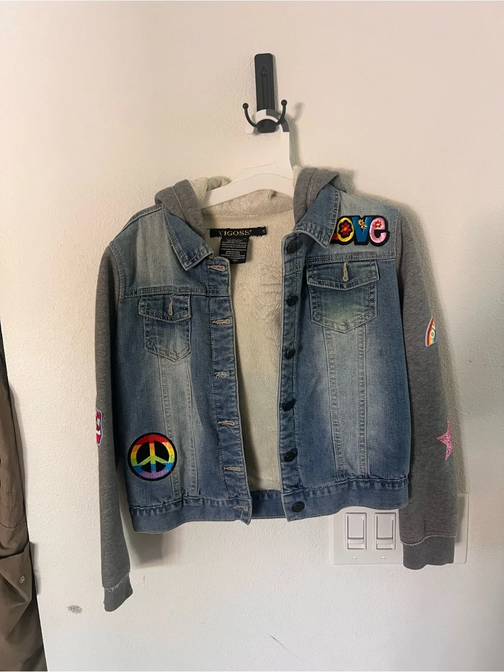 Vigoss Light Blue Denim Jacket with Gray Sleeves & Colorful Patches