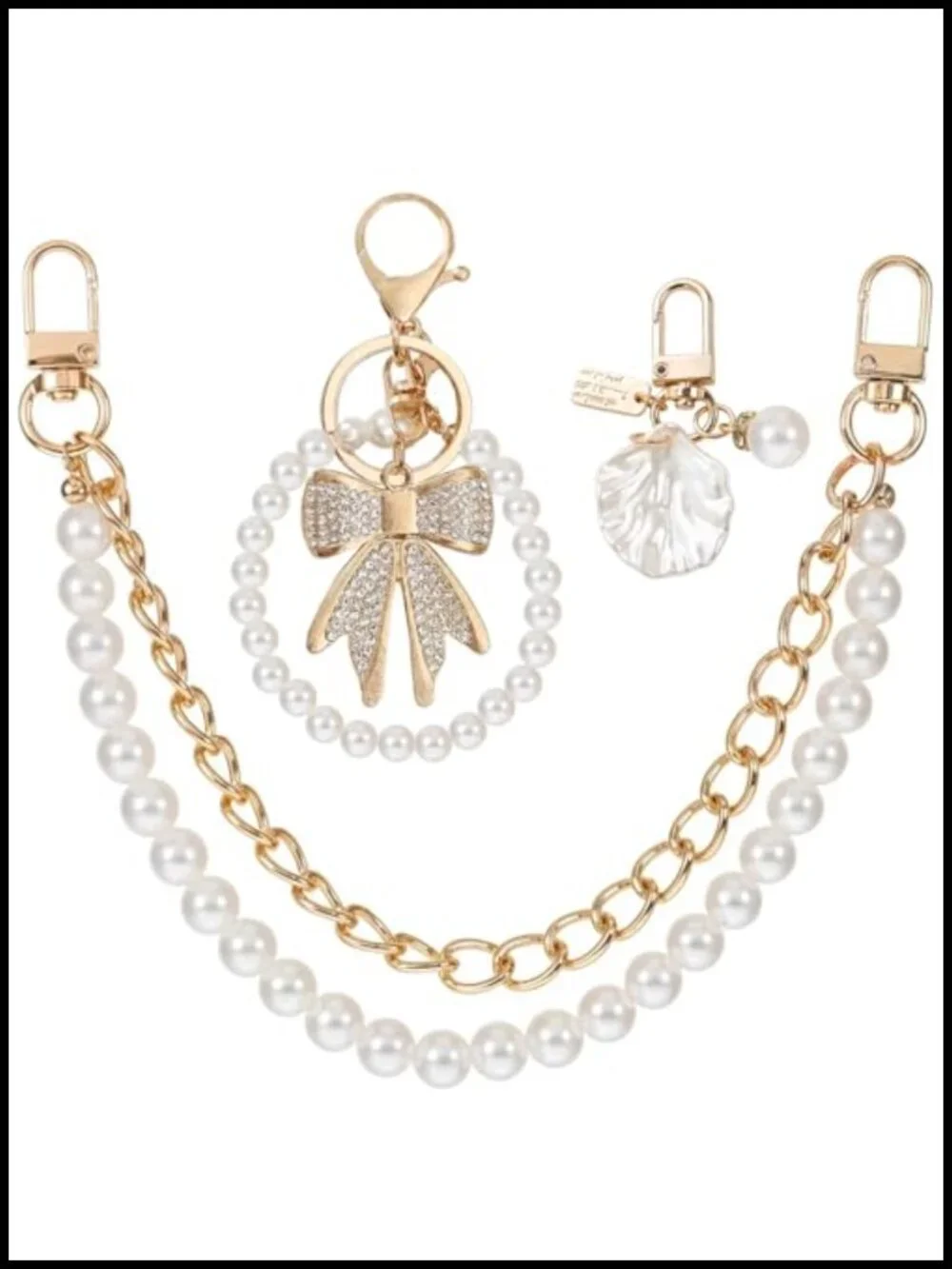 Pearl Purse Chain Set with Rhinestone Bow & Shell Pearl Keychain - 3pc