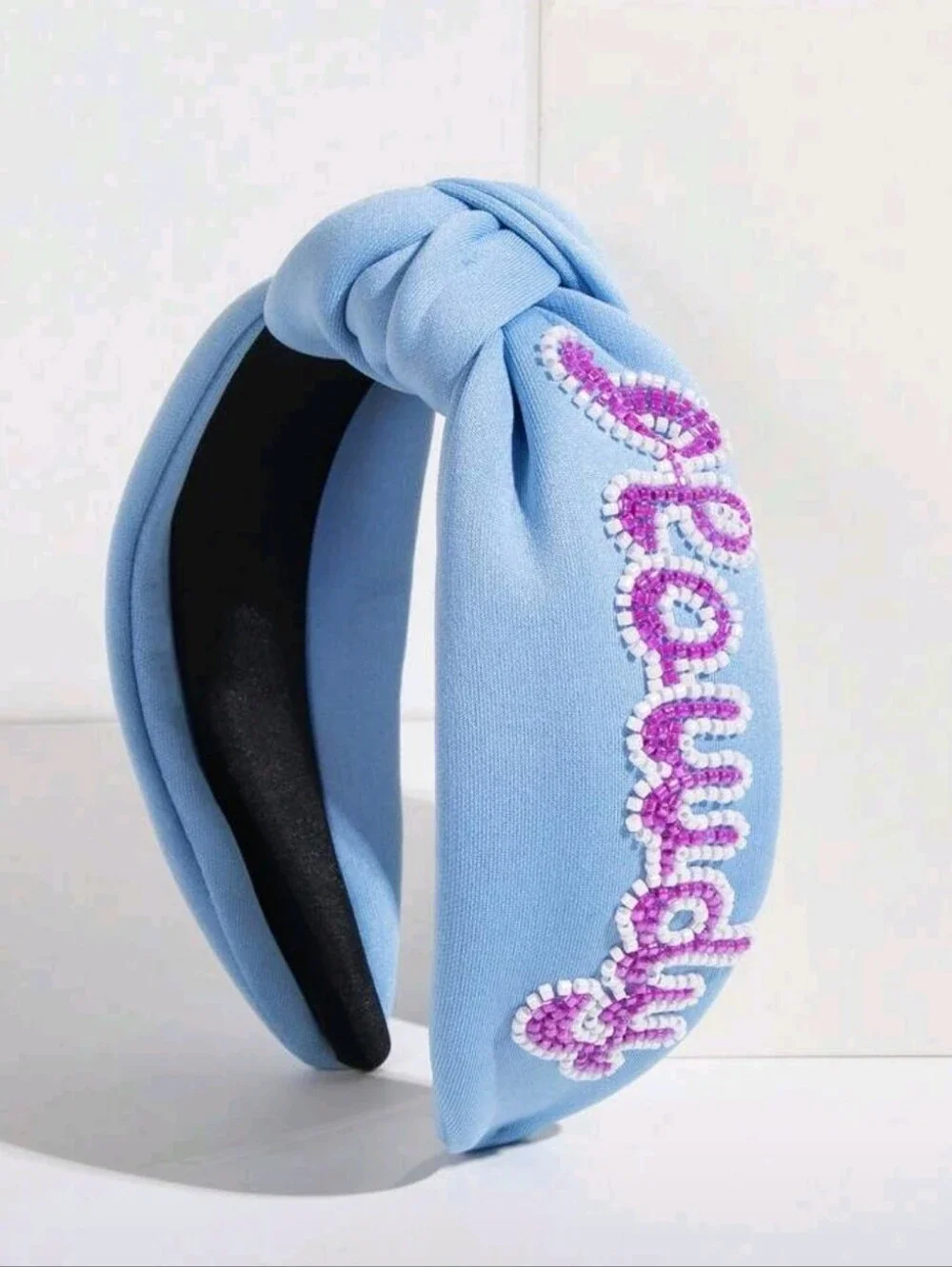 HOWDY - Light Blue Knotted Headband with Purple White Beaded Script
