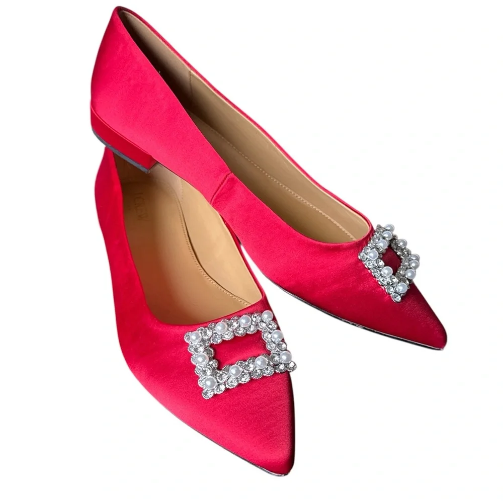 J.Crew Women’s BU507 Red Satin Pointed Toe Jeweled Buckle Evening Flats 10 NEW