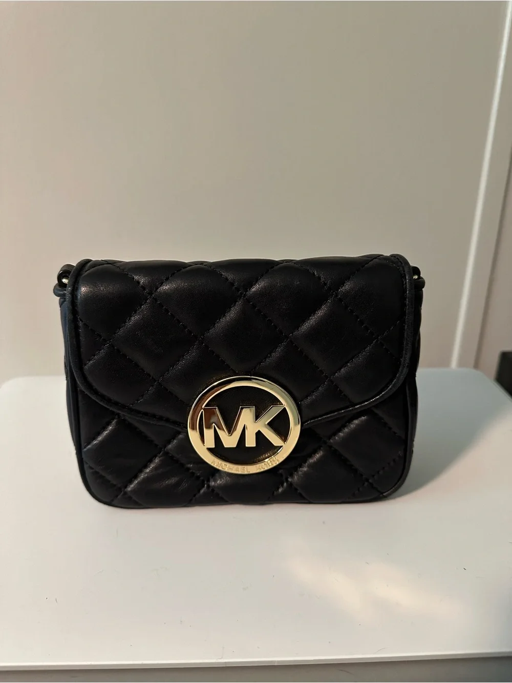 Michael Kors Black Quilted Crossbody with Gold MK Emblem