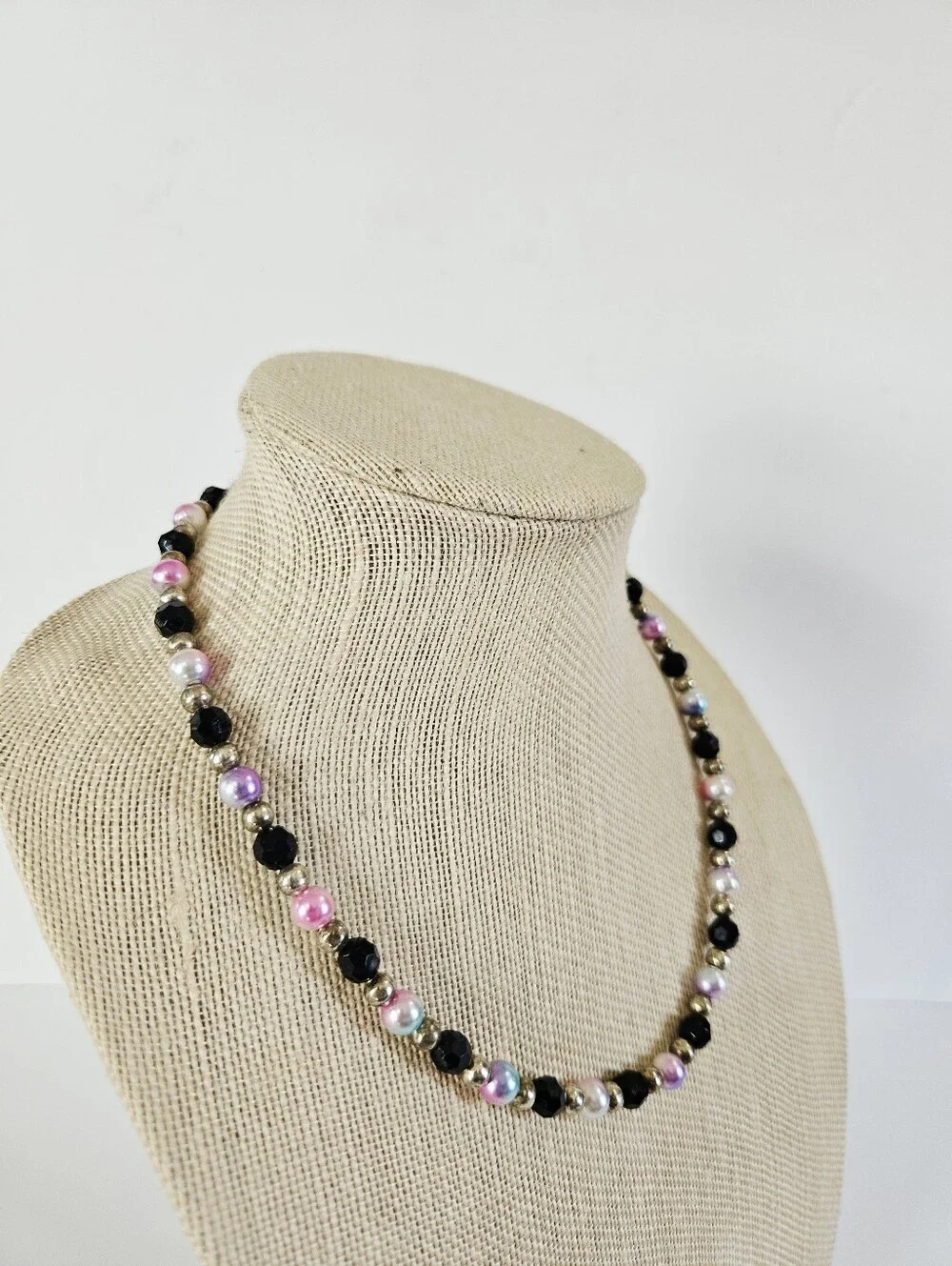 Vintage Beaded Crystal Faceted Lucite Pastel Faux Pearl Screw Clasp Necklace