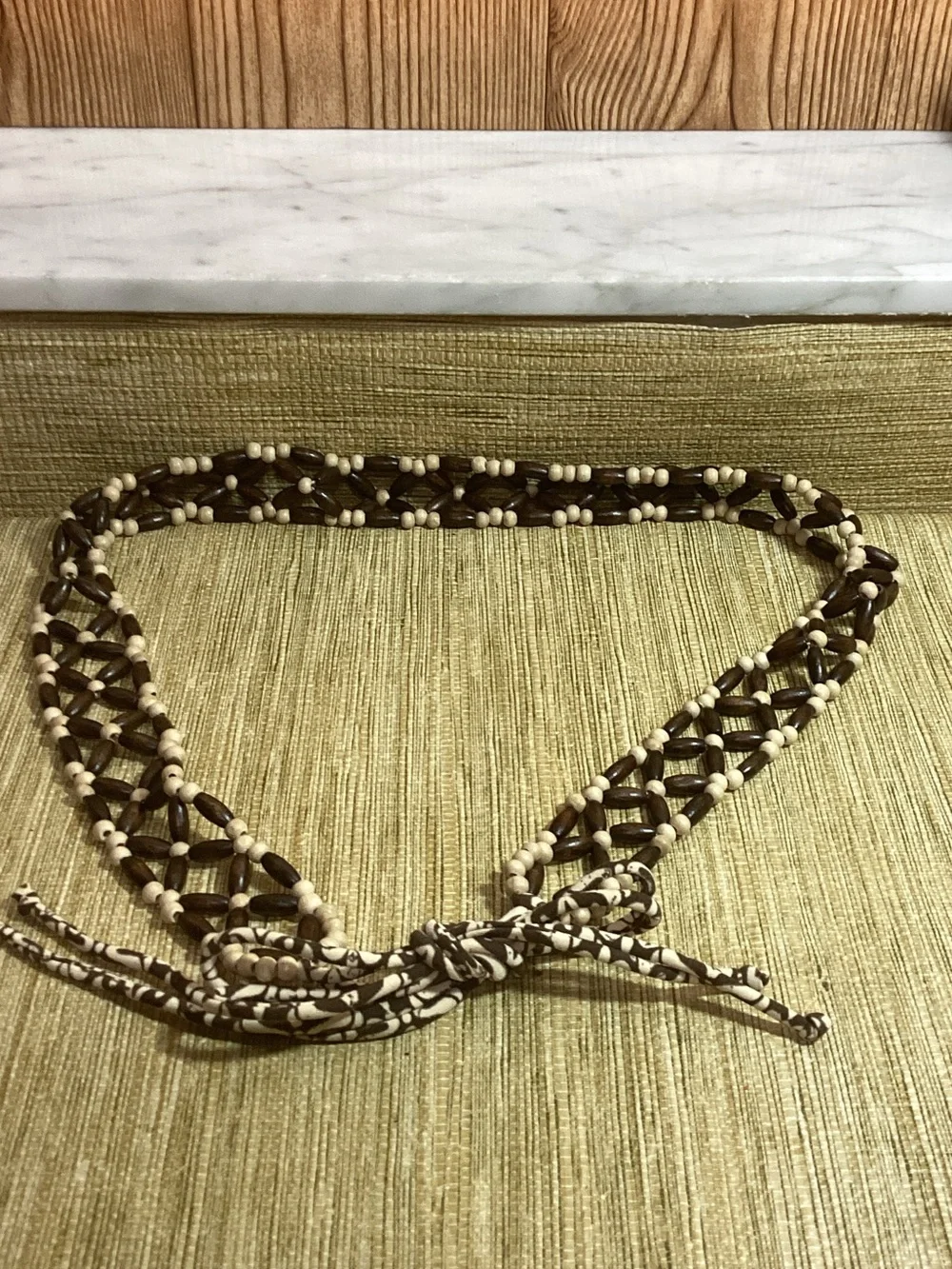 Braided Wood Bead Tie Belt - Brown & Cream