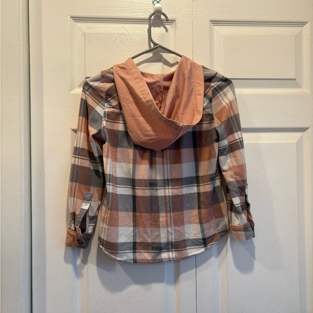 Passport Girl Pink and Gray Plaid Shacket With Hood - Size Small (7/8)