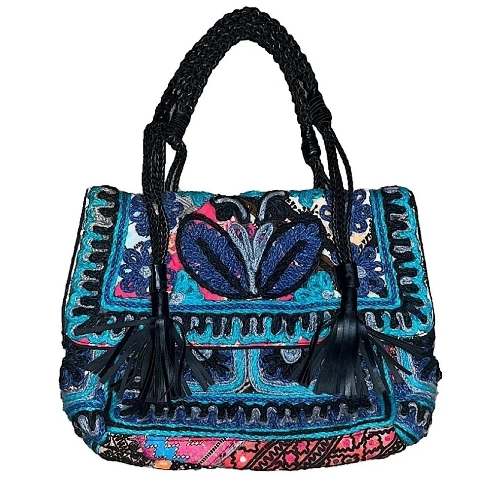 Anthropologie ibBan Dalasa Tote Boho Fringe Embroidered‎ Patchwork Shoulder Bag