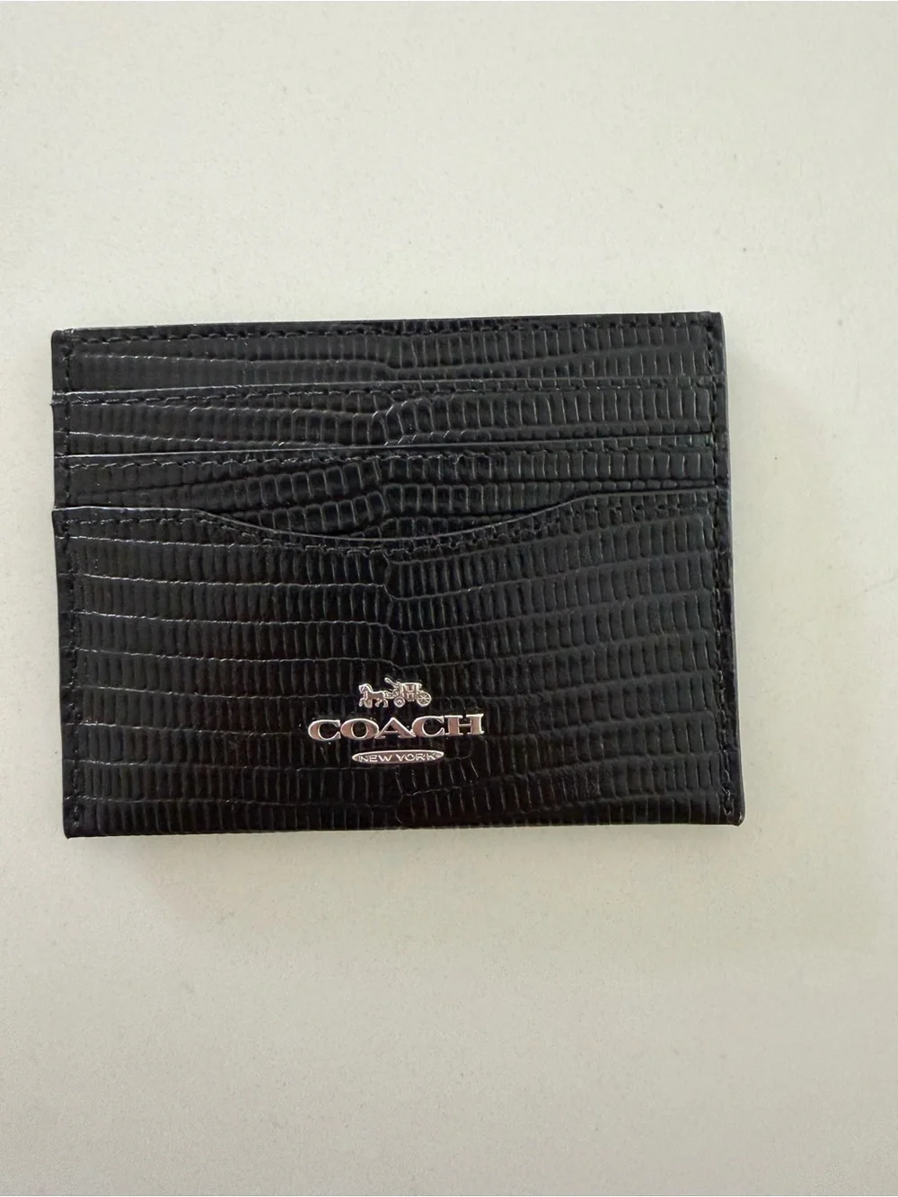 Coach Black Embossed Lizard-Texture Card Holder with Silver Logo