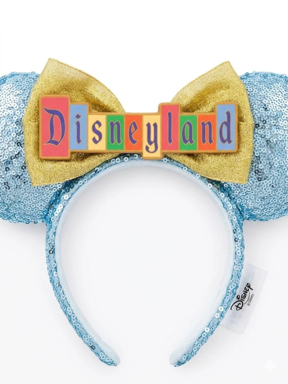 Disneyland Marquee Minnie Ears Blue Sequin Gold Bow Retro Headband