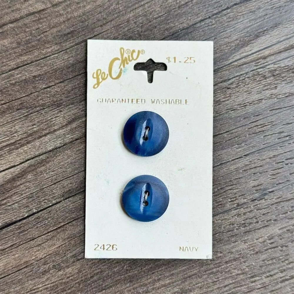 NEW Vintage 1950's Le Chic Navy Blue 2-Hole Round Flat Buttons On Card 3/4