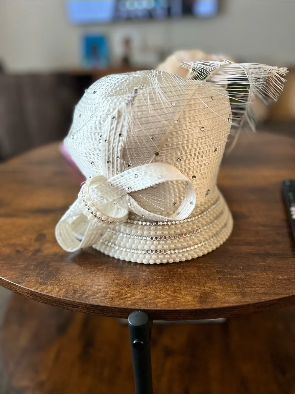 Ivory Embellished Straw Cloche Hat with Feathers