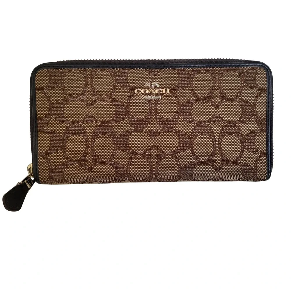 Coach Signature Canvas Accordion Zip Wallet Brown Tan Monogram Long Wallet