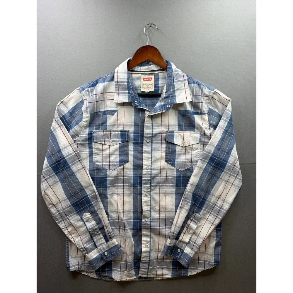 Levi Strauss Western Shirt Mens Blue White Plaid Pearl Snap Modern Large