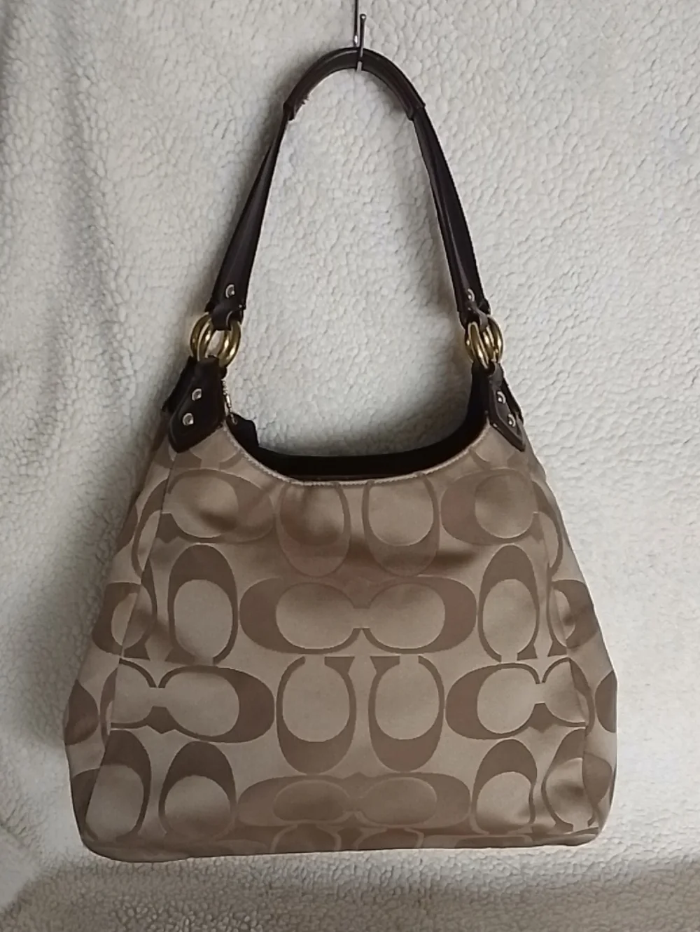Coach Campbell Signature Logo Canvas Shoulder Bag with Dark Brown Trim