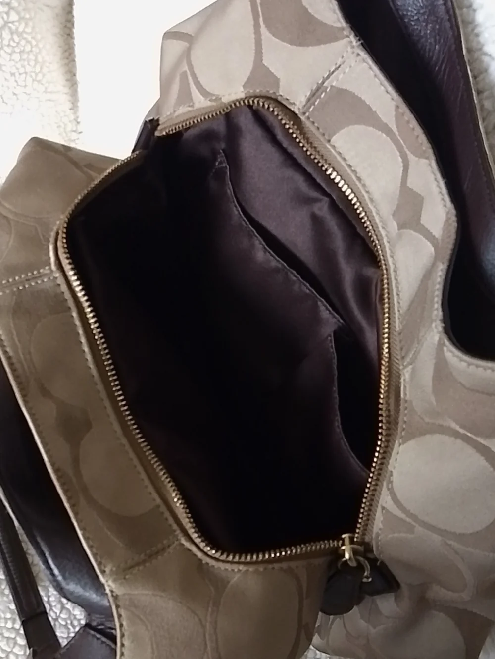 Coach Campbell Signature Logo Canvas Shoulder Bag with Dark Brown Trim