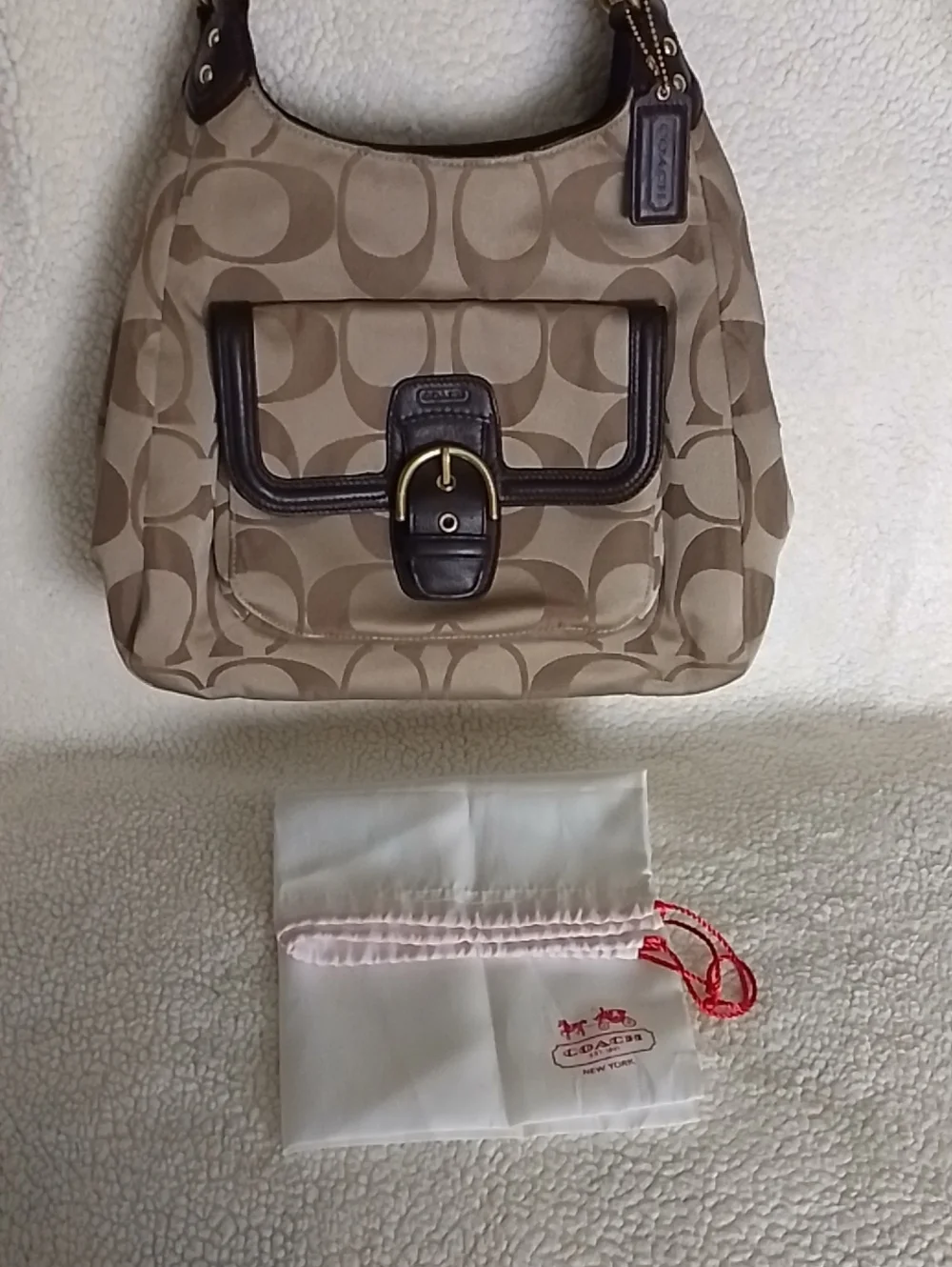 Coach Campbell Signature Logo Canvas Shoulder Bag with Dark Brown Trim