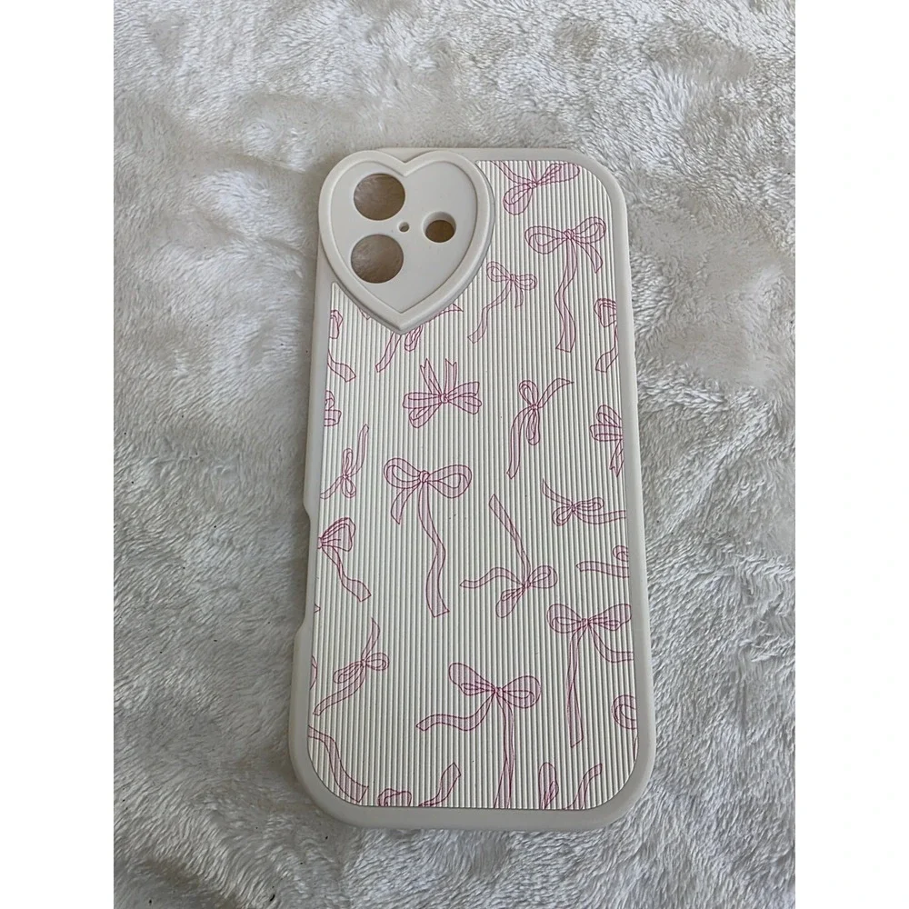 Cream Pink Bow Heart Camera Cutout iPhone‎ Case Coquette Balletcore Ribbed Shell