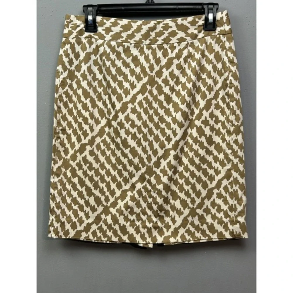 J Crew Skirt Womens 4 Tan White Geometric Stretch Cotton‎ Pencil Career Casual