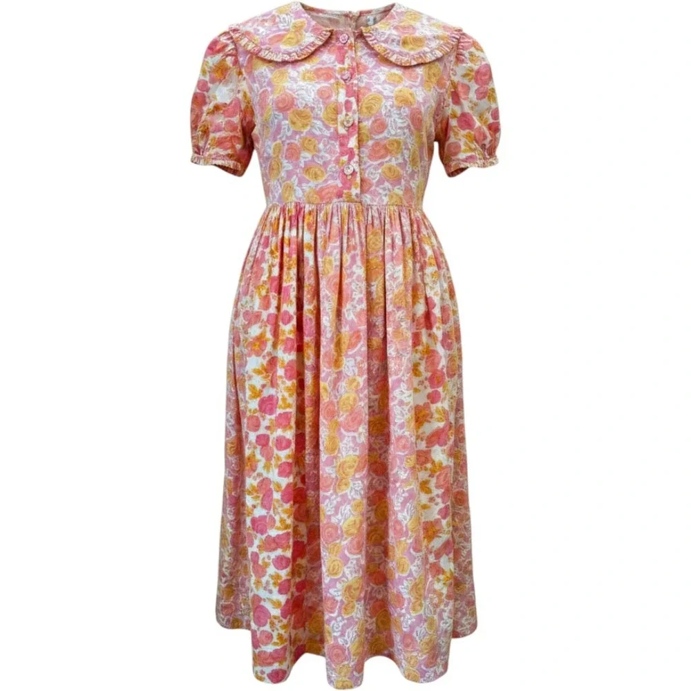 Vintage April Cornell Cornelloki Girls Floral Cotton Dress Pink 5/6 Cottagecore