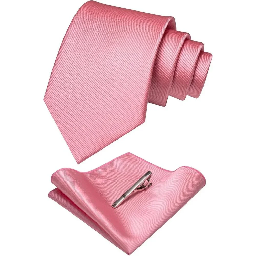 Men's Pink Colour Formal Necktie and Pocket Square Tie Clip Sets