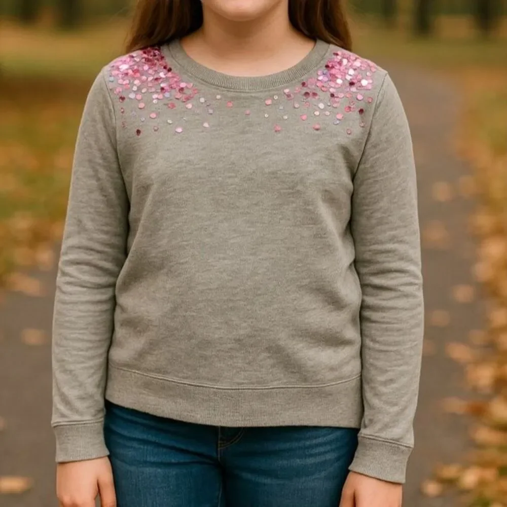 Justice Girls Size 10 Gray Pink Sequin Sweatshirt Sparkly Pullover Top