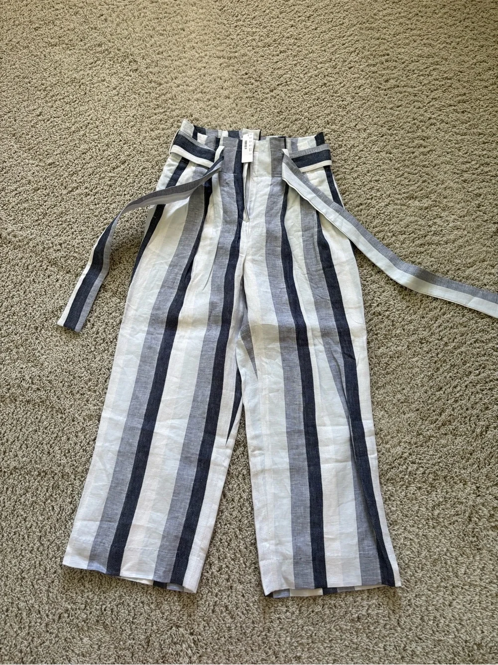 J. Crew Striped Paperbag Waist Wide-Leg Pants — Navy & White