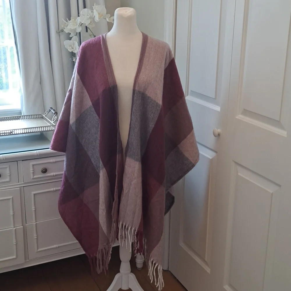 Woolrich Womens Pink/Mauve/Grey Plaid Print Fringe Shawl/Wrap One‎ Size