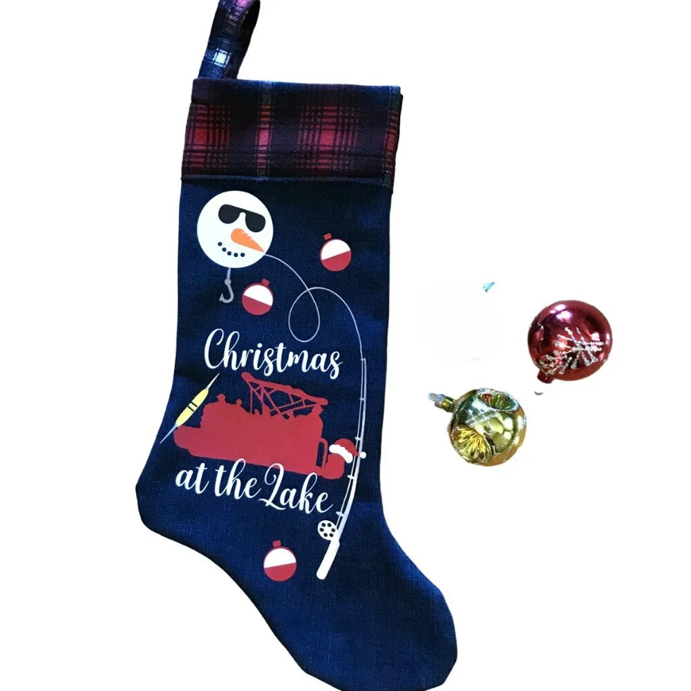 Recycled Denim Christmas Stocking, Lake Cabin Decor Pontoon Fishing Boat