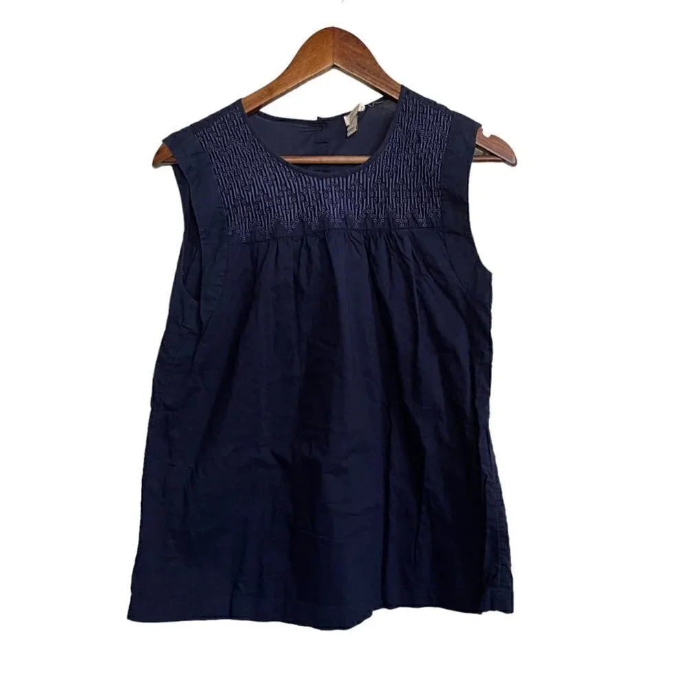 J. Crew Womens Navy Blue Sleeveless Embroidered Yolk Boxy Blouse Size 4