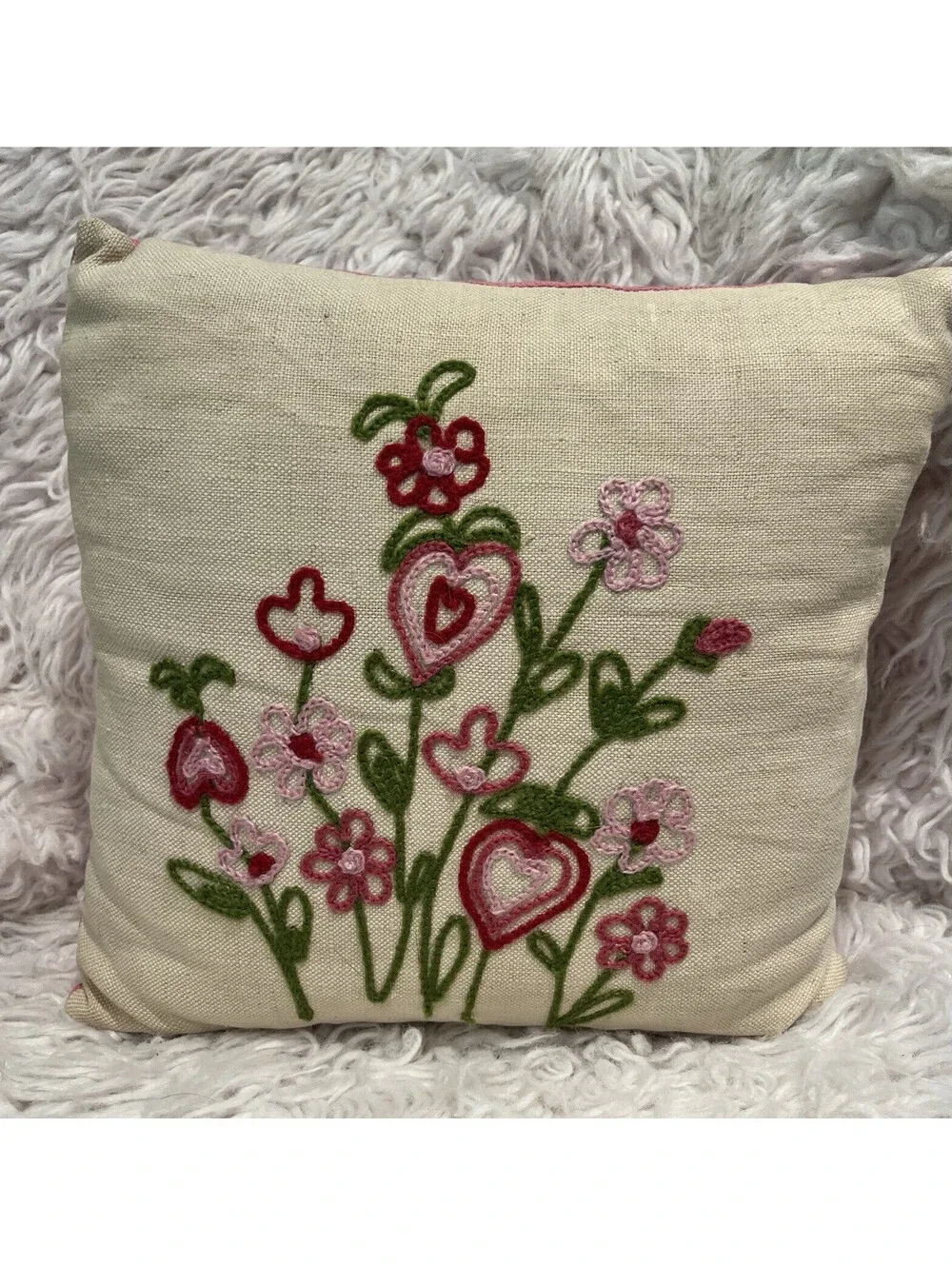 Vintage 11x11” Pink Green Canvas Cross Stitch Flower Heart Throw Pillow 70s