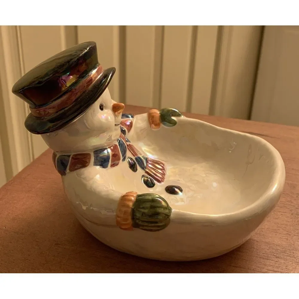 Vintage Glass Christmas Snowman Bowl/‎ Trinket/ Soap Dish 6