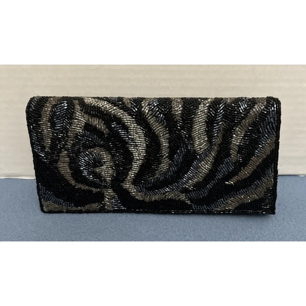 Okpta Black w/Multicolor Swirled‎ Beading Clutch/Crossbody Convertible Handbag