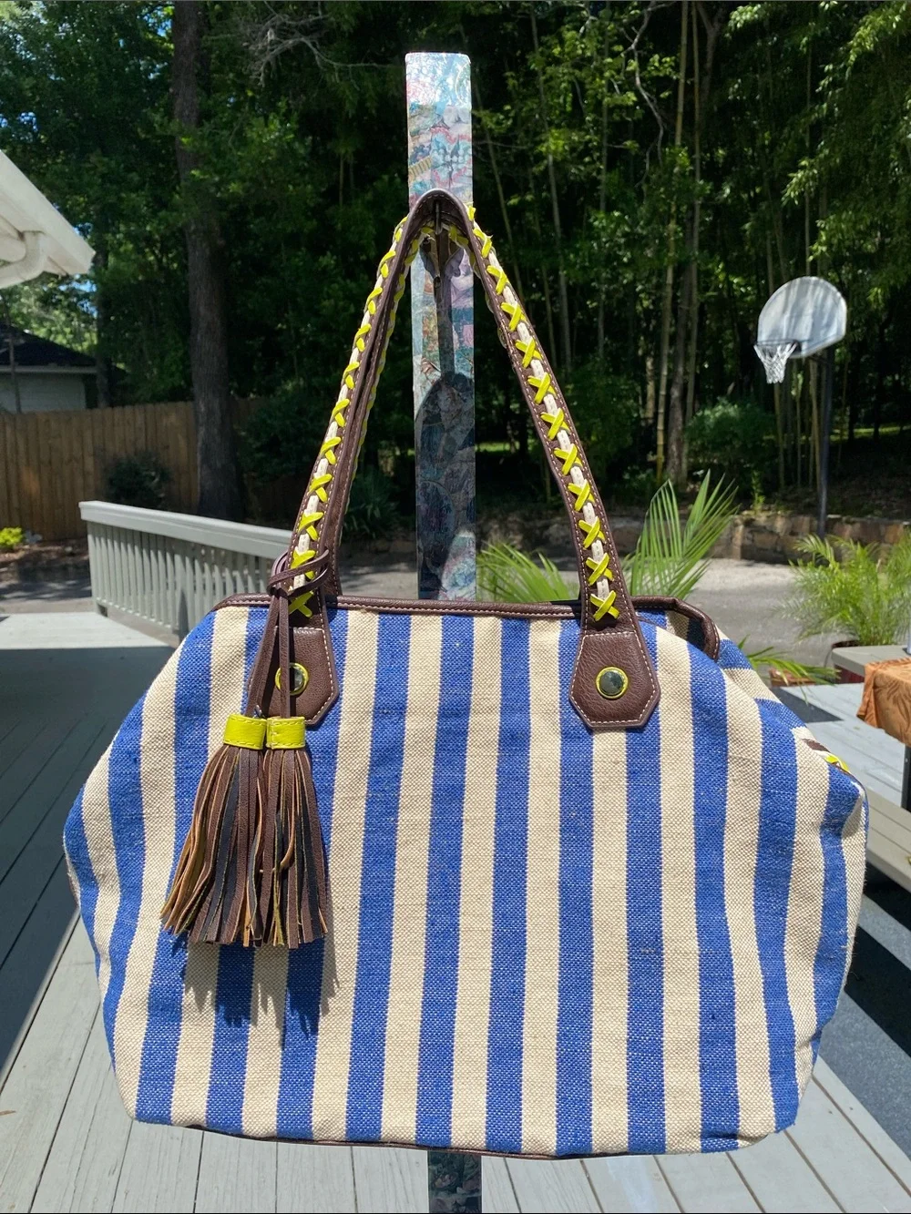 Steven By Steve Madden Blue and Cream Striped Tote with Brown Trim
