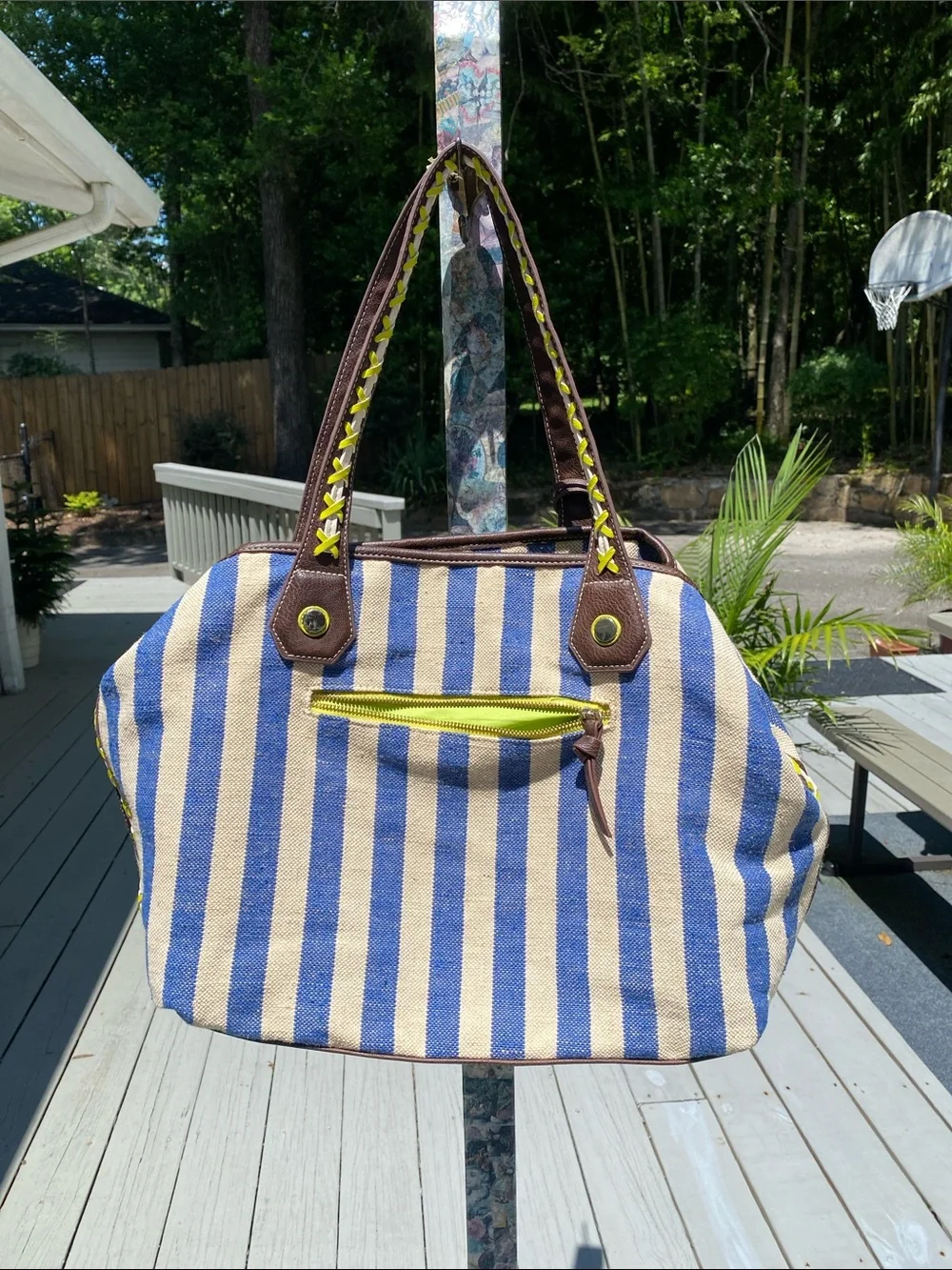 Steven By Steve Madden Blue and Cream Striped Tote with Brown Trim
